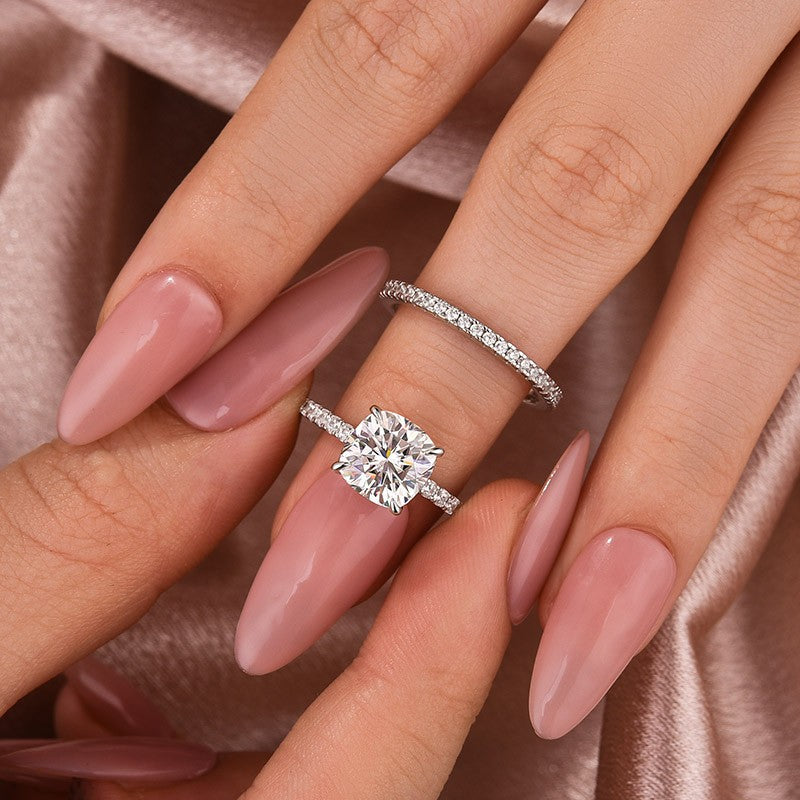 Luna Moissanite 3.5 Ct  Cushion Cut Classic 2-Pc Wedding Ring Set In Sterling Silver