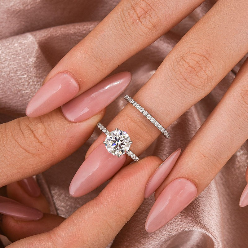 Luna Moissanite 2.0 Ct Round Cut Classic 2-Pc Wedding Ring Set In Sterling Silver