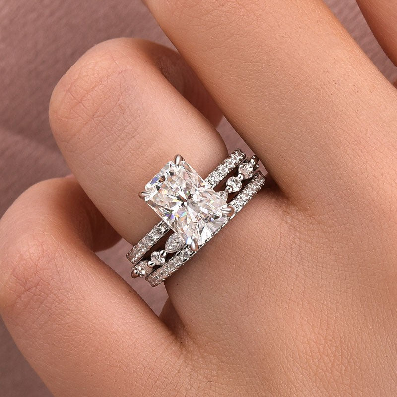 Luna Moissanite 2.5 Ct Radiant Cut 3-Pc Wedding Ring Set In Sterling Silver