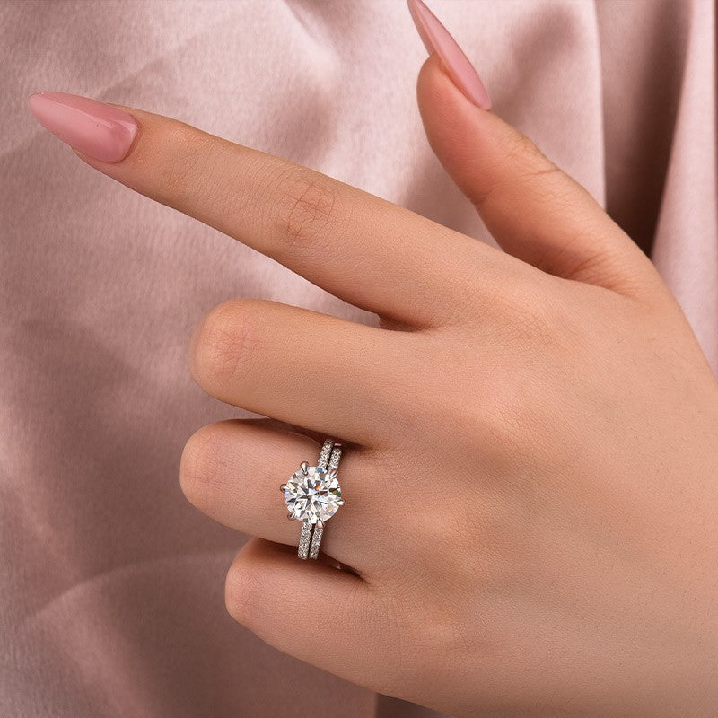 Luna Moissanite 2.0 Ct Round Cut 6-prong Wedding Ring Set In Sterling Silver