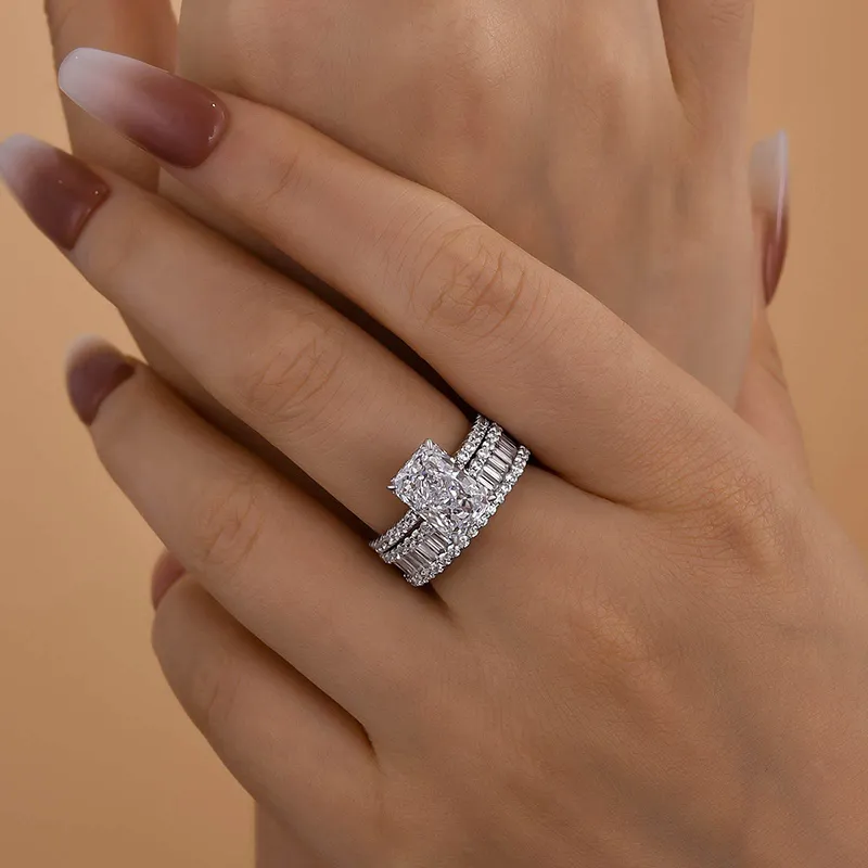 Elongated Radiant Cut Wedding Set-Sterling Silver-lornajewelry