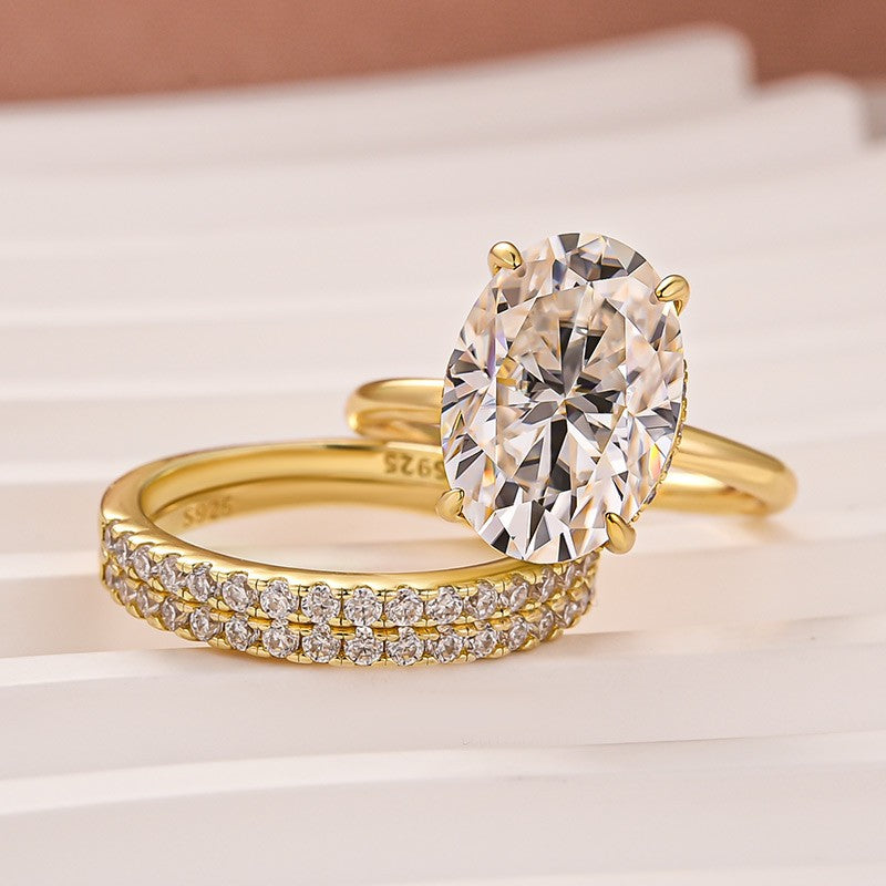 Luna Moissanite 4.0 Ct Oval Cut Solitaire 3-Pc Wedding Ring Set In Sterling Silver