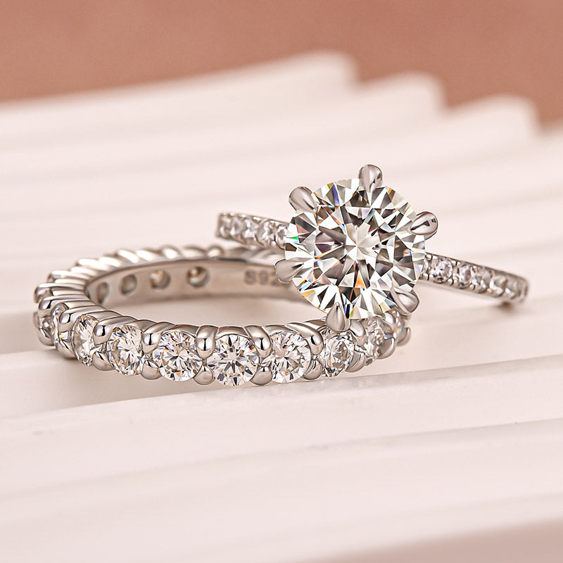 Luna Moissanite 2.0 Ct Round Cut 2-Pc Wedding Ring Set In Sterling Silver