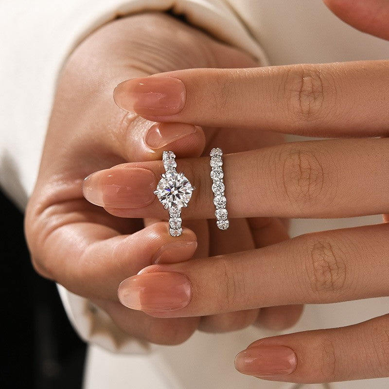 Luna Moissanite 3.0 Ct Round Cut 2-Pc Wedding Ring Set In Sterling Silver With 7-Stone Band