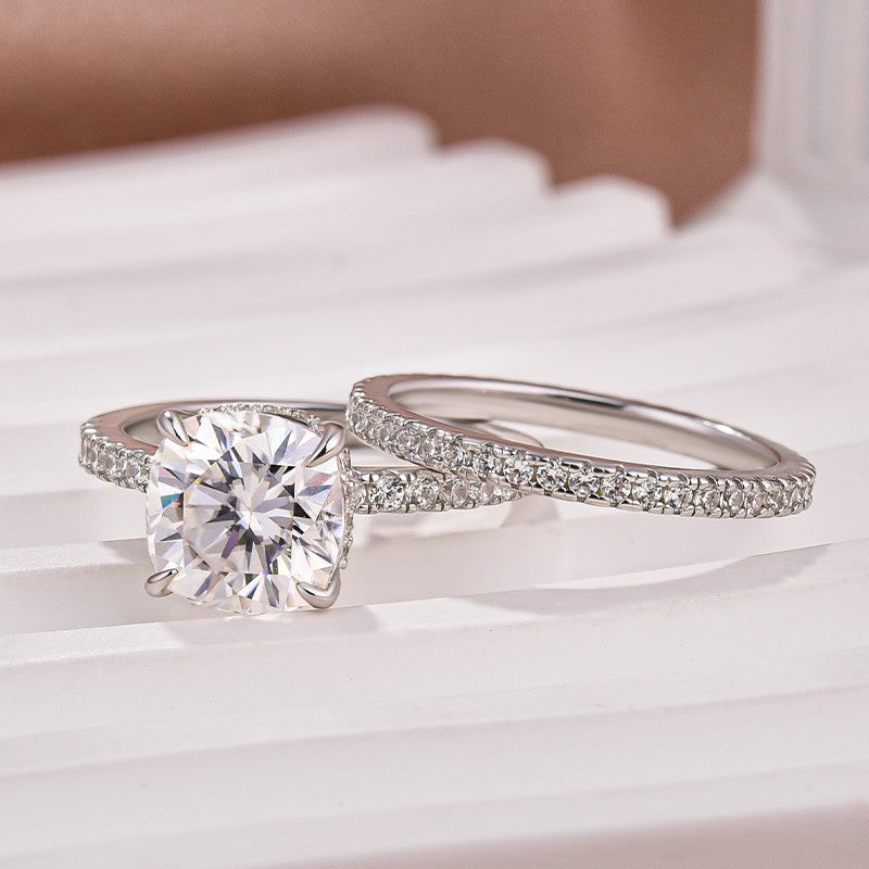 Luna Moissanite 3.5 Ct  Cushion Cut Classic 2-Pc Wedding Ring Set In Sterling Silver