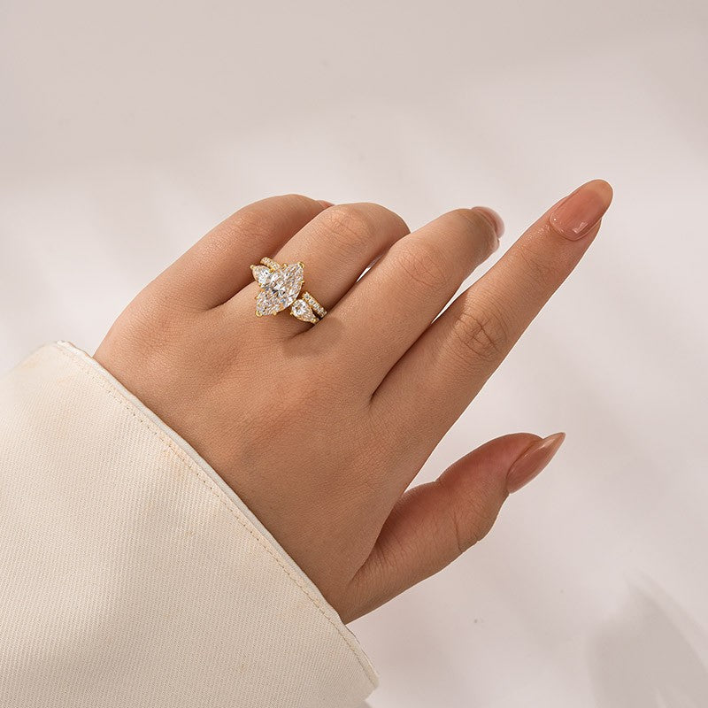 Luna Moissanite 4.0 Ct Marquise Cut Insert 2-Pc Wedding Ring Set In Sterling Silver
