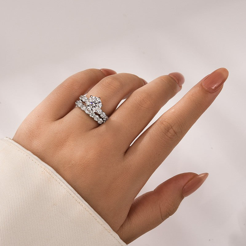 Luna Moissanite 3.0 Ct Round Cut 2-Pc Wedding Ring Set In Sterling Silver With 7-Stone Band