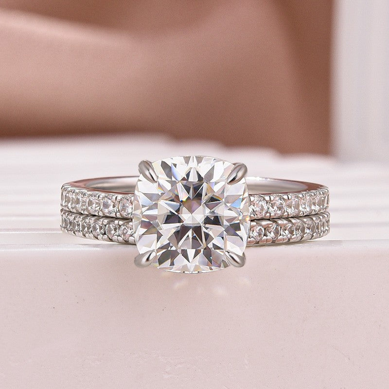 Luna Moissanite 3.5 Ct  Cushion Cut Classic 2-Pc Wedding Ring Set In Sterling Silver