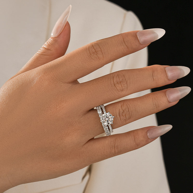 Luna Moissanite 2.0 Ct Round Cut 2-Pc Wedding Ring Set In Sterling Silver