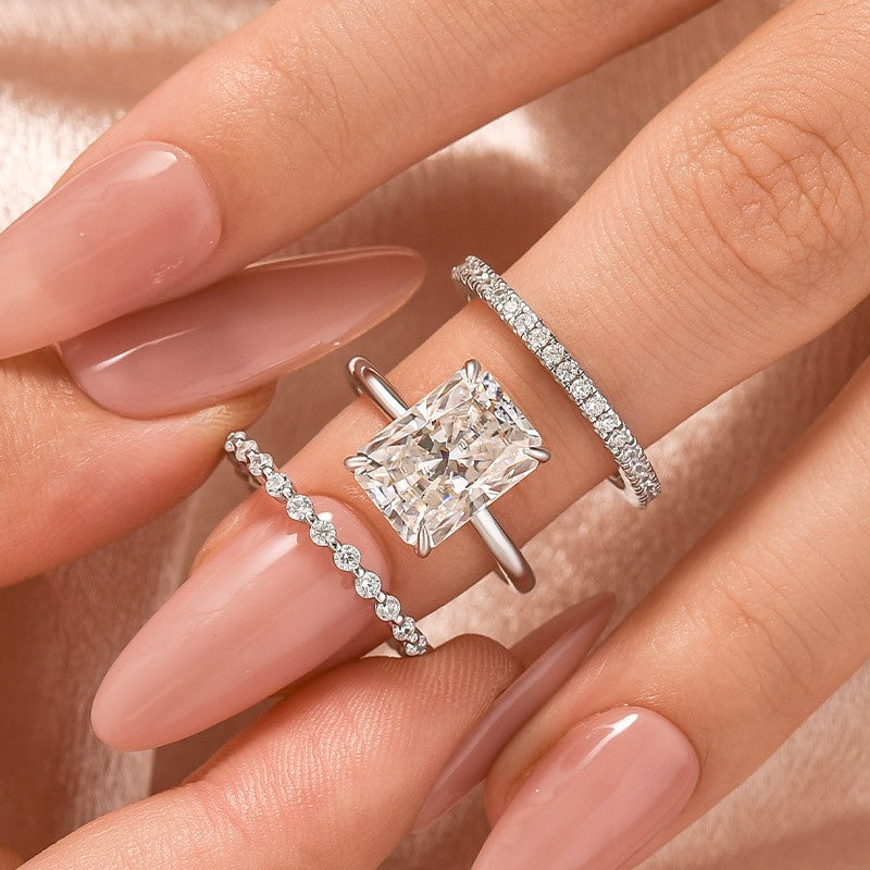 Luna Moissanite 4.0 Ct Radiant Cut Solitaire 3-Pc Wedding Ring Set In Sterling Silver