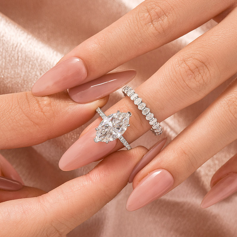 Luna Moissanite 4.0 Ct Marquise Cut Pave 2-Pc Wedding Ring Set In Sterling Silver With Oval Cut Band