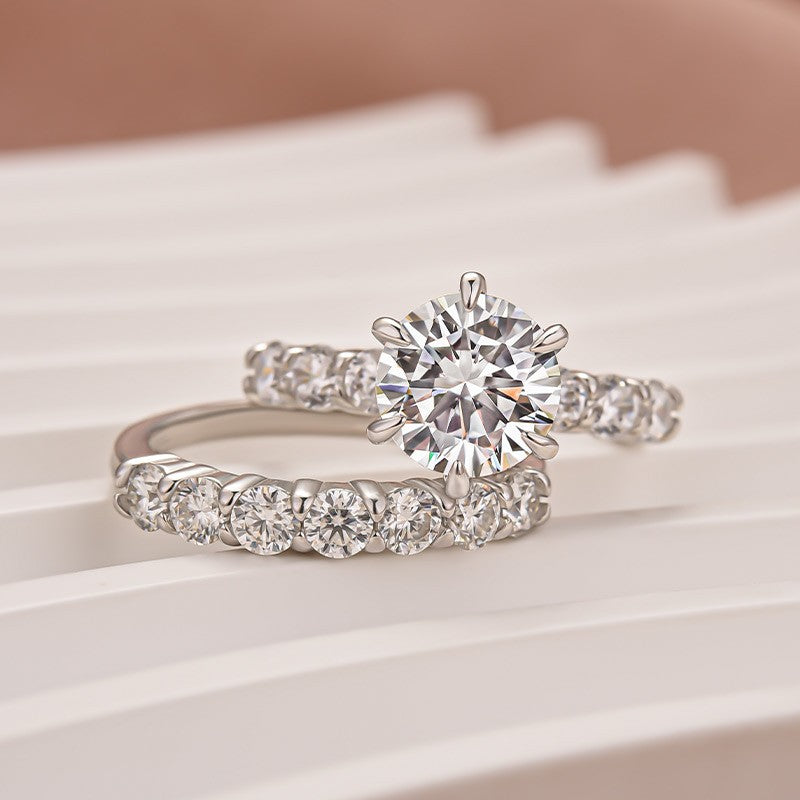 Luna Moissanite 3.0 Ct Round Cut 2-Pc Wedding Ring Set In Sterling Silver With 7-Stone Band