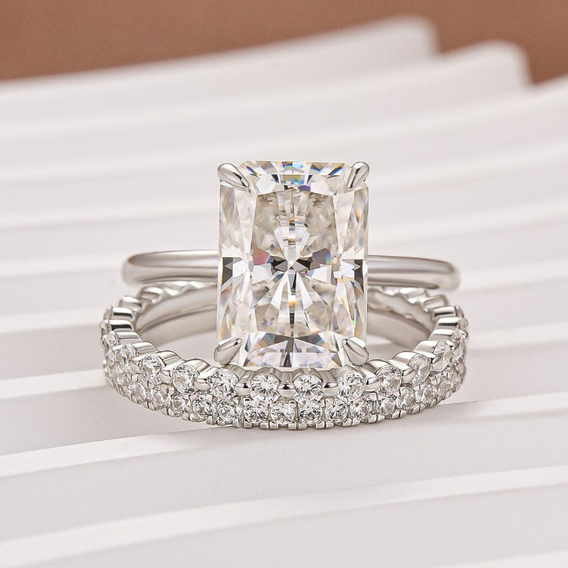 Luna Moissanite 4.0 Ct Radiant Cut Solitaire 3-Pc Wedding Ring Set In Sterling Silver