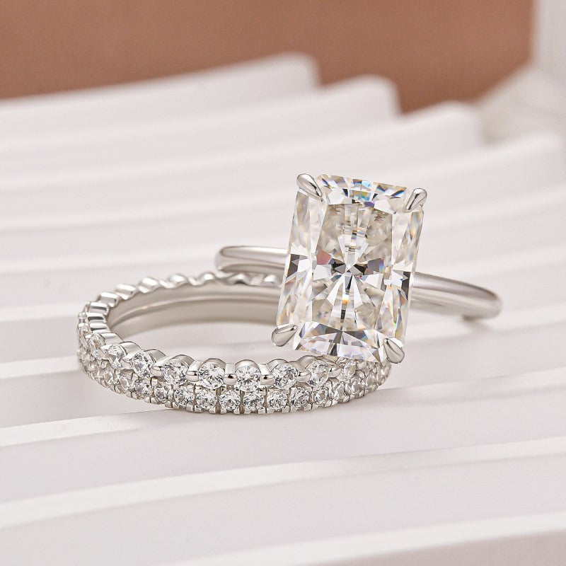 Luna Moissanite 4.0 Ct Radiant Cut Solitaire 3-Pc Wedding Ring Set In Sterling Silver