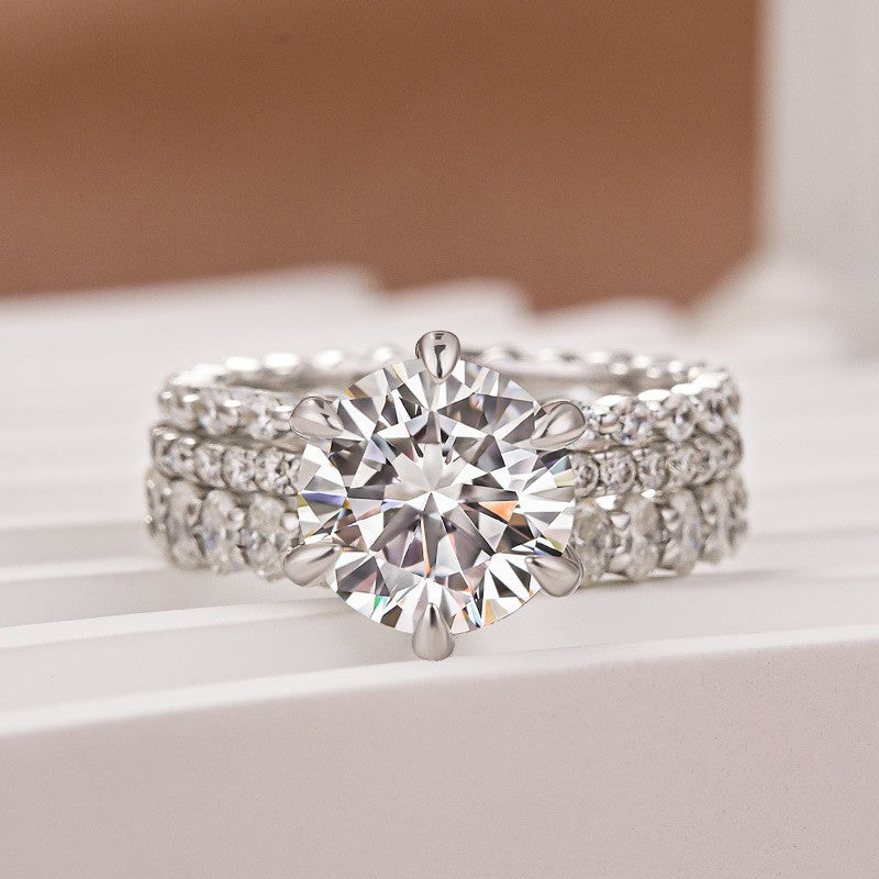 Luna Moissanite 3.0 Ct Round Cut 6-Prong Pave 3-Pc Wedding Ring Set In Sterling Silver