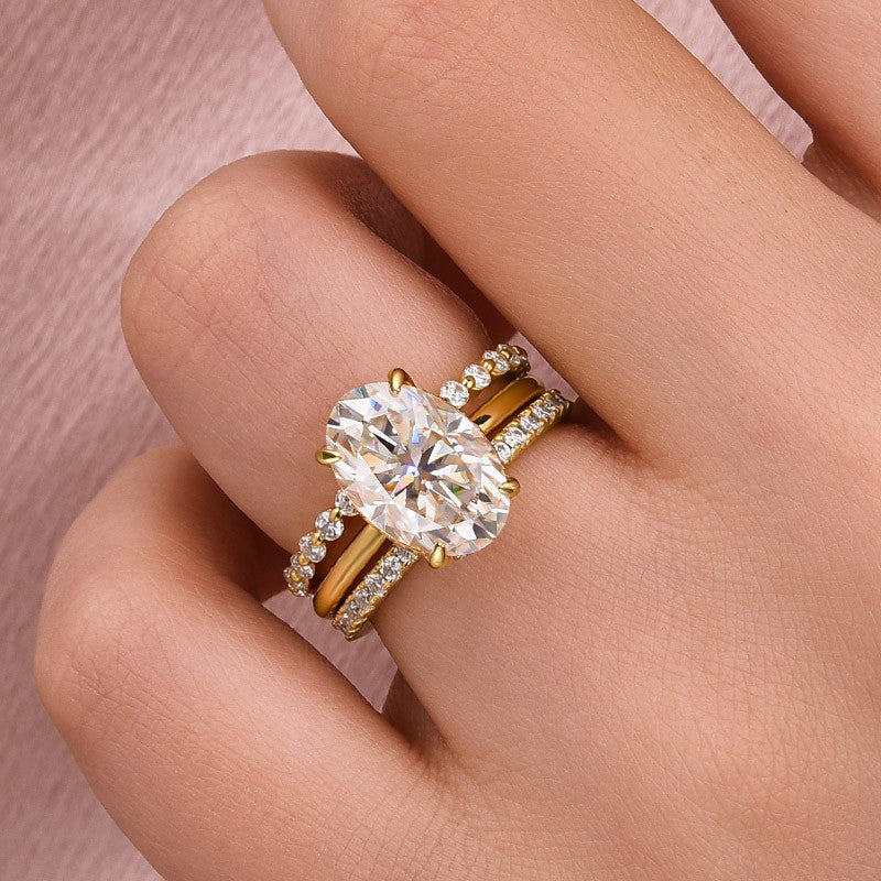 Luna Moissanite 4.0 Ct Oval Cut 3-Pc Wedding Ring Set In Sterling Silver