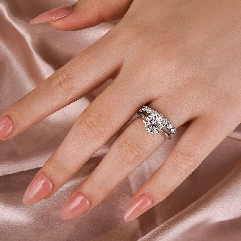 Luna Moissanite 2.0 Ct ~5.0 Ct Round Cut Classic 2-Pc Wedding Ring Set In Sterling Silver