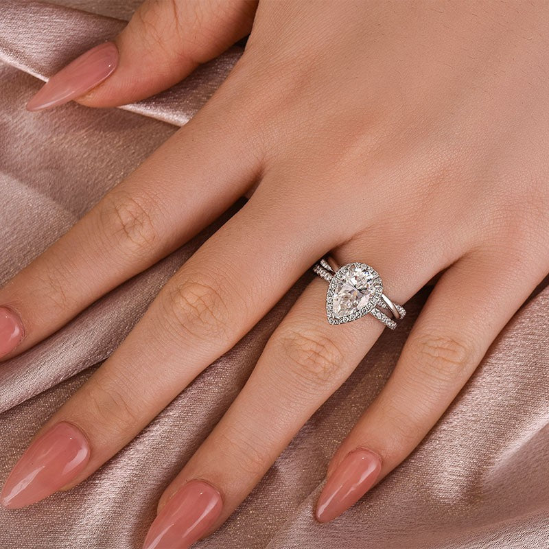 Luna Moissanite 3.0 Ct Pear Cut Halo Pave 2-Pc Wedding Ring Set In Sterling Silver With Twist Band