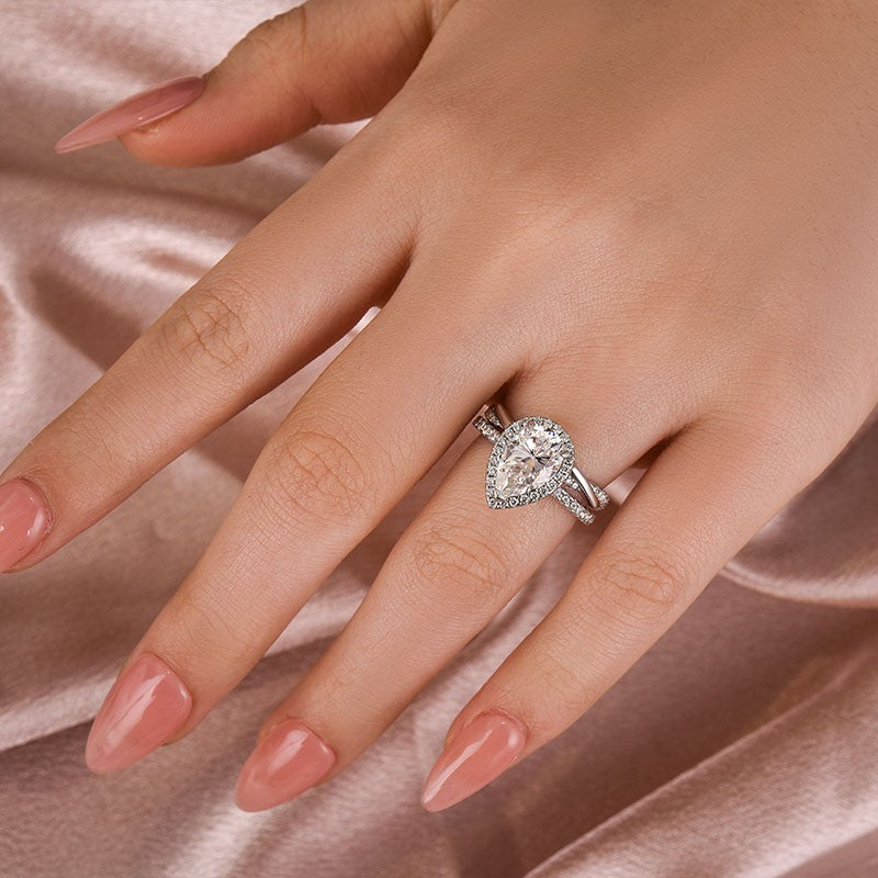 Luna Moissanite 3.0 Ct Pear Cut Halo Pave 2-Pc Wedding Ring Set In Sterling Silver With Twist Band