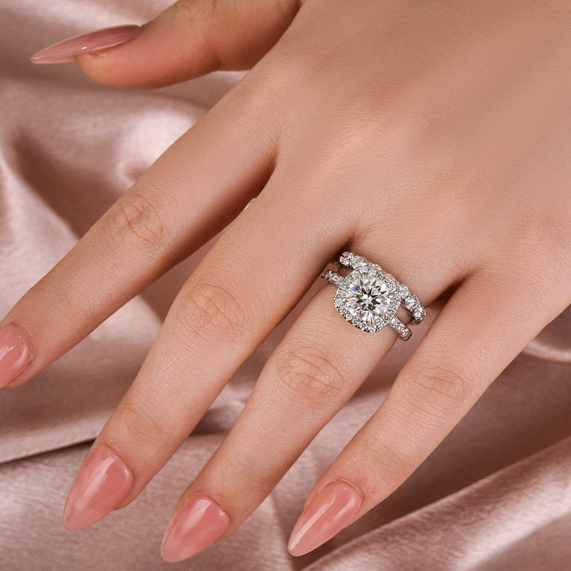 Luna Moissanite 2.0 Ct Round Cut Halo 2-Pc Wedding Ring Set In Sterling Silver with 7-Stone Band