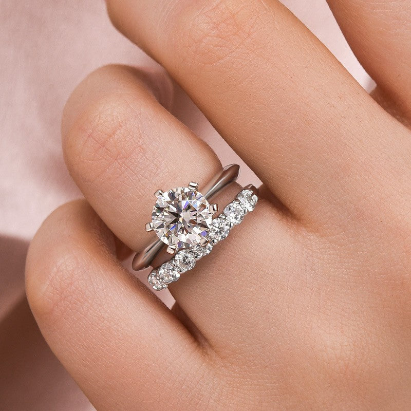 Luna Moissanite 2.0 Ct ~5.0 Ct Round Cut Classic 2-Pc Wedding Ring Set In Sterling Silver