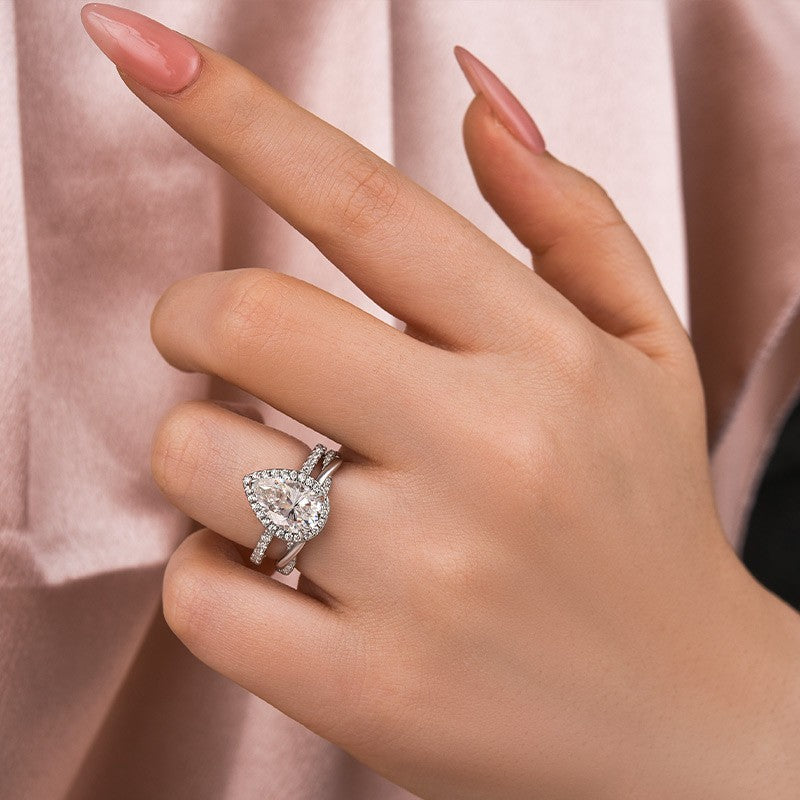 Luna Moissanite 3.0 Ct Pear Cut Halo Pave 2-Pc Wedding Ring Set In Sterling Silver With Twist Band