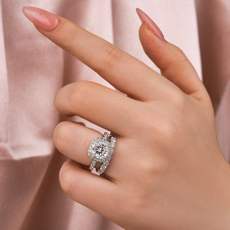 Luna Moissanite 2.0 Ct Round Cut Halo 2-Pc Wedding Ring Set In Sterling Silver with 7-Stone Band