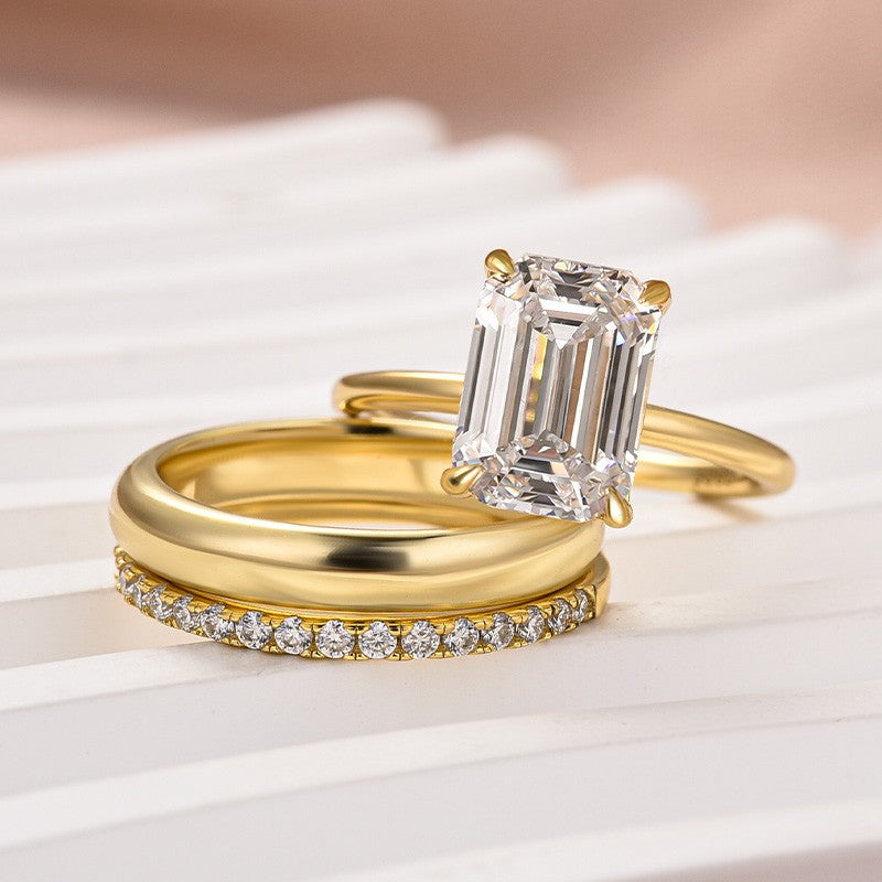Luna Moissanite 4.0 Ct Emerald Cut Solitaire 3-Pc Wedding Ring Set In Sterling Silver With Wide Band