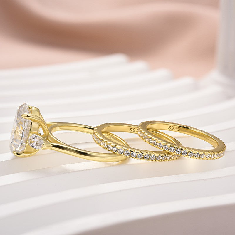 Luna Moissanite 4.0 Ct Oval Cut Three-Stone 3-Pc Wedding Ring Set In Sterling Silver