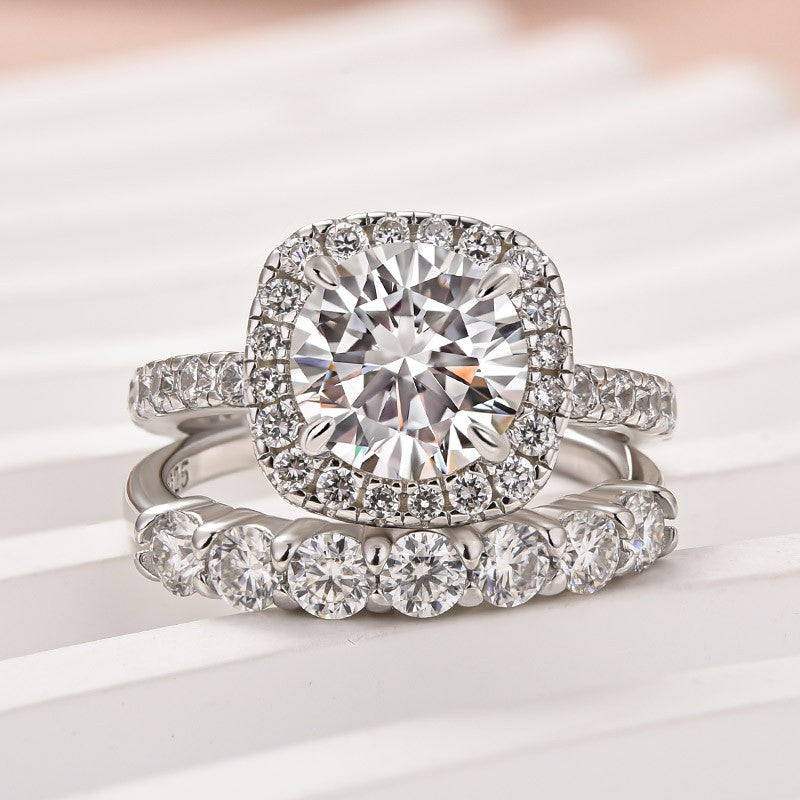 Luna Moissanite 2.0 Ct Round Cut Halo 2-Pc Wedding Ring Set In Sterling Silver with 7-Stone Band