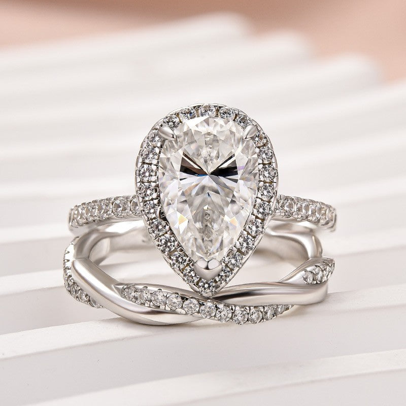 Luna Moissanite 3.0 Ct Pear Cut Halo Pave 2-Pc Wedding Ring Set In Sterling Silver With Twist Band