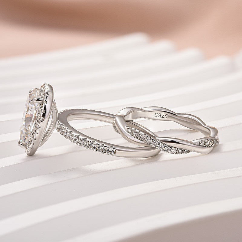 Luna Moissanite 3.0 Ct Pear Cut Halo Pave 2-Pc Wedding Ring Set In Sterling Silver With Twist Band