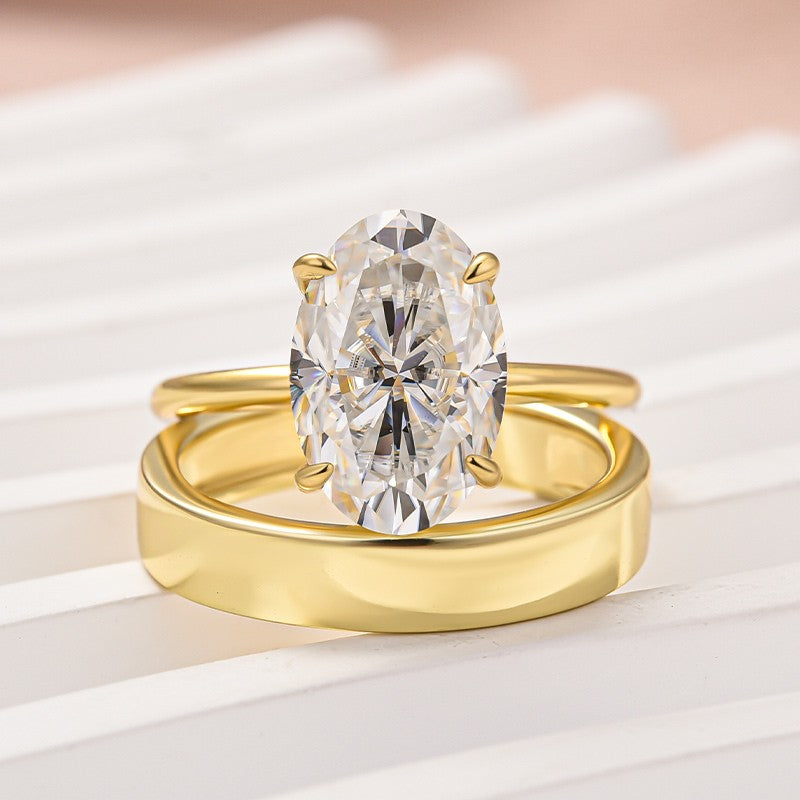 Luna Moissanite 4.0 Ct Oval Cut Solitaire 2-Pc Wedding Ring Set In Sterling Silver With Wide Band