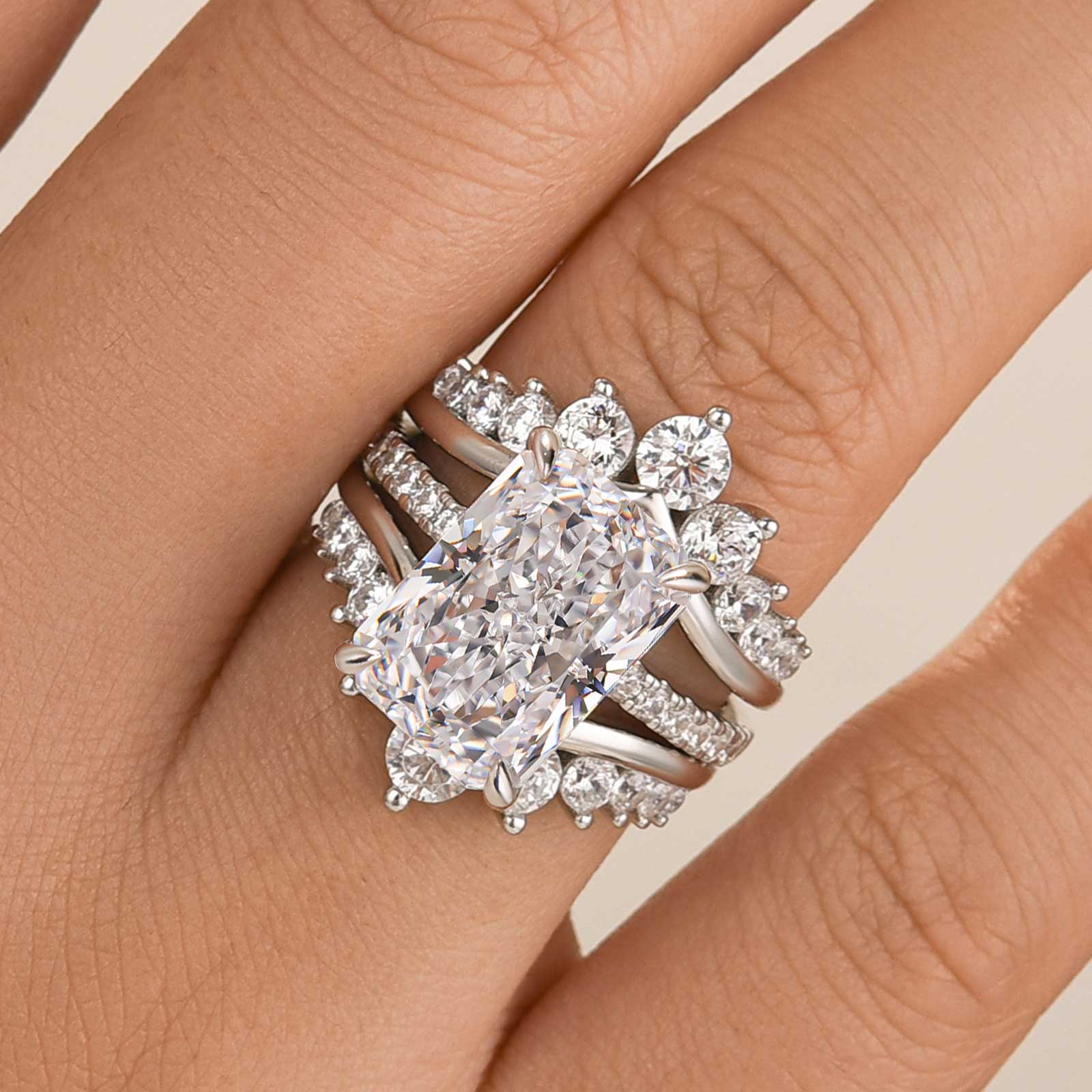 4Ct Radiant Cut Insert Wedding Ring Set with Crown Shaped Engagement Ring Enhancer in Sterling Silver