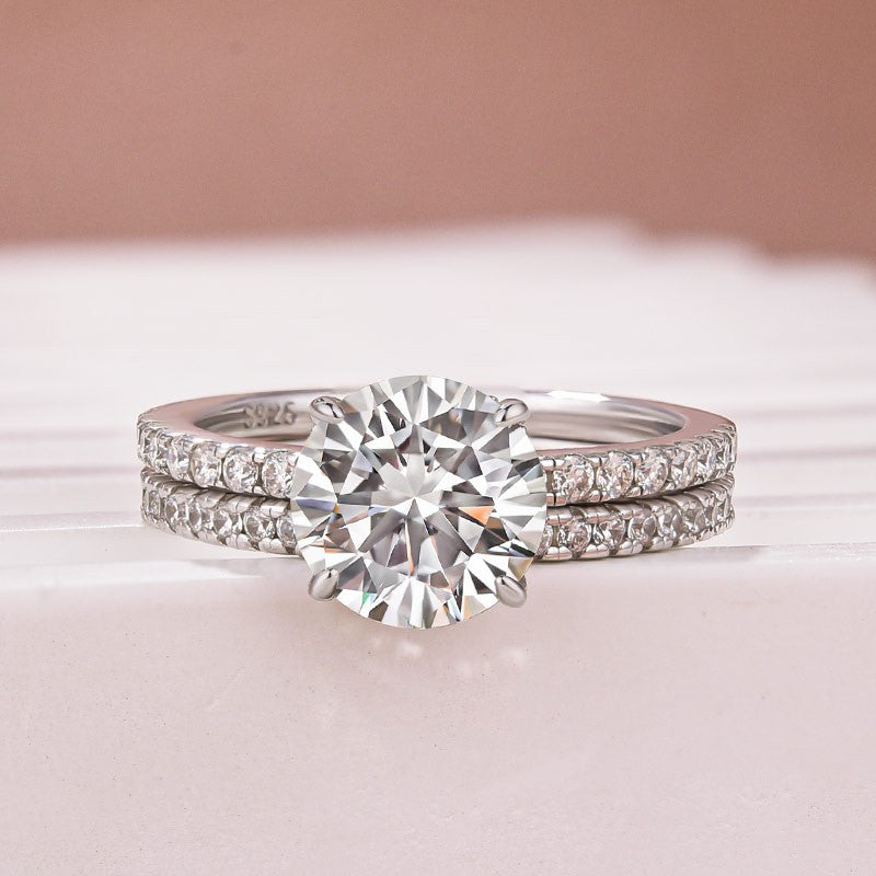 Luna Moissanite 2.0 Ct Round Cut Classic 2-Pc Wedding Ring Set In Sterling Silver