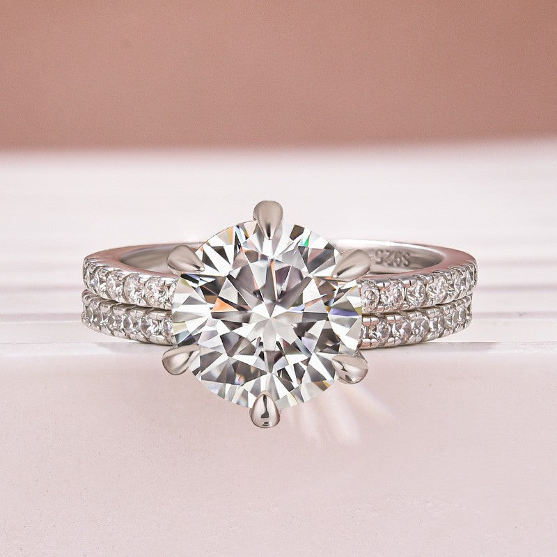 Luna Moissanite 2.0 Ct Round Cut 6-prong Wedding Ring Set In Sterling Silver