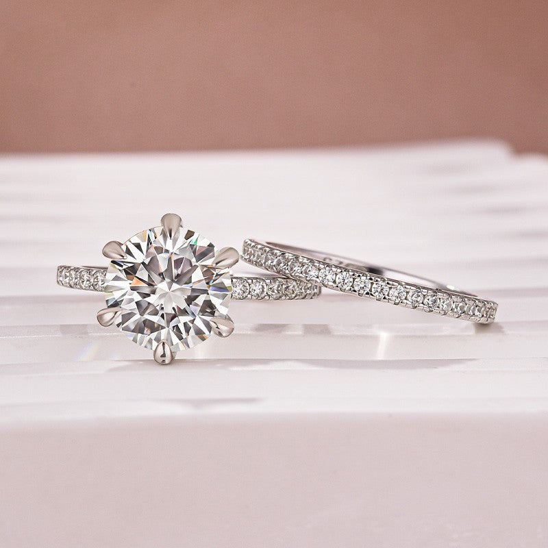 Luna Moissanite 2.0 Ct Round Cut 6-prong Wedding Ring Set In Sterling Silver