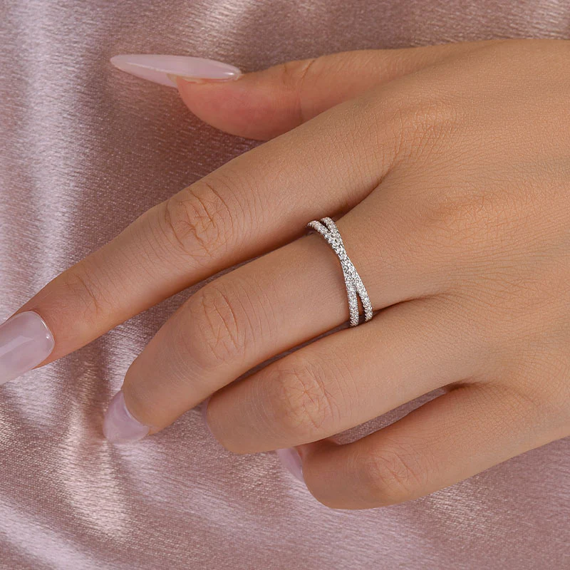 Luna Moissanite Round Cut Classic X Criss Cross Half Eternity Wedding Band In Sterling Silver