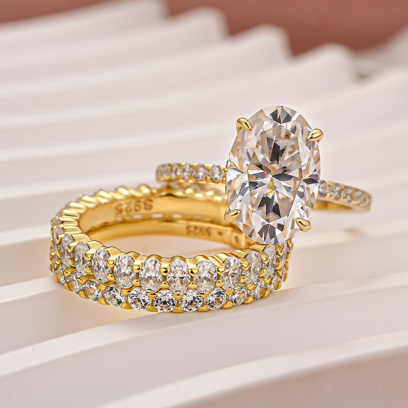 Luna Moissanite 4.0 Ct Oval Cut 3-Pc Wedding Ring Set In Sterling Silver