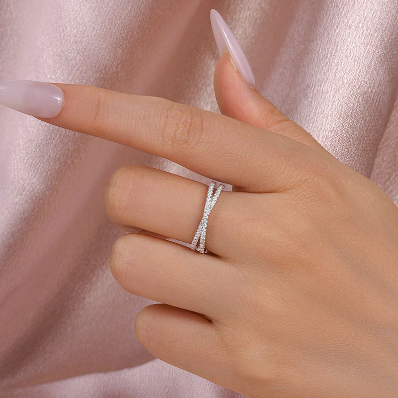Luna Moissanite Round Cut Classic X Criss Cross Half Eternity Wedding Band In Sterling Silver