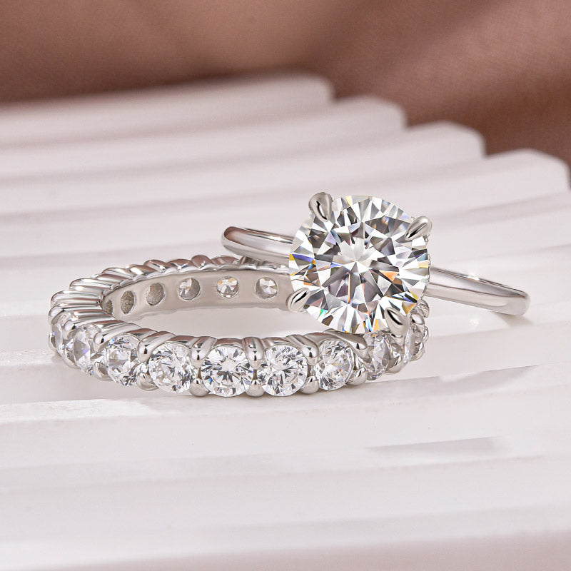 Luna Moissanite 2.0 Ct Round Cut Solitaire 2-Pc Wedding Ring Set In Sterling Silver