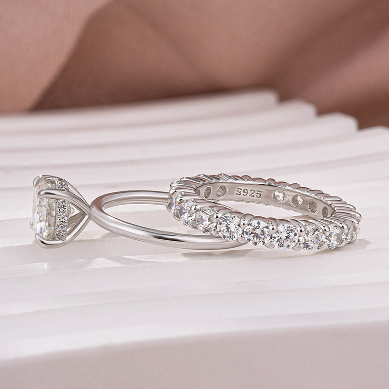 Luna Moissanite 2.0 Ct Round Cut Solitaire 2-Pc Wedding Ring Set In Sterling Silver