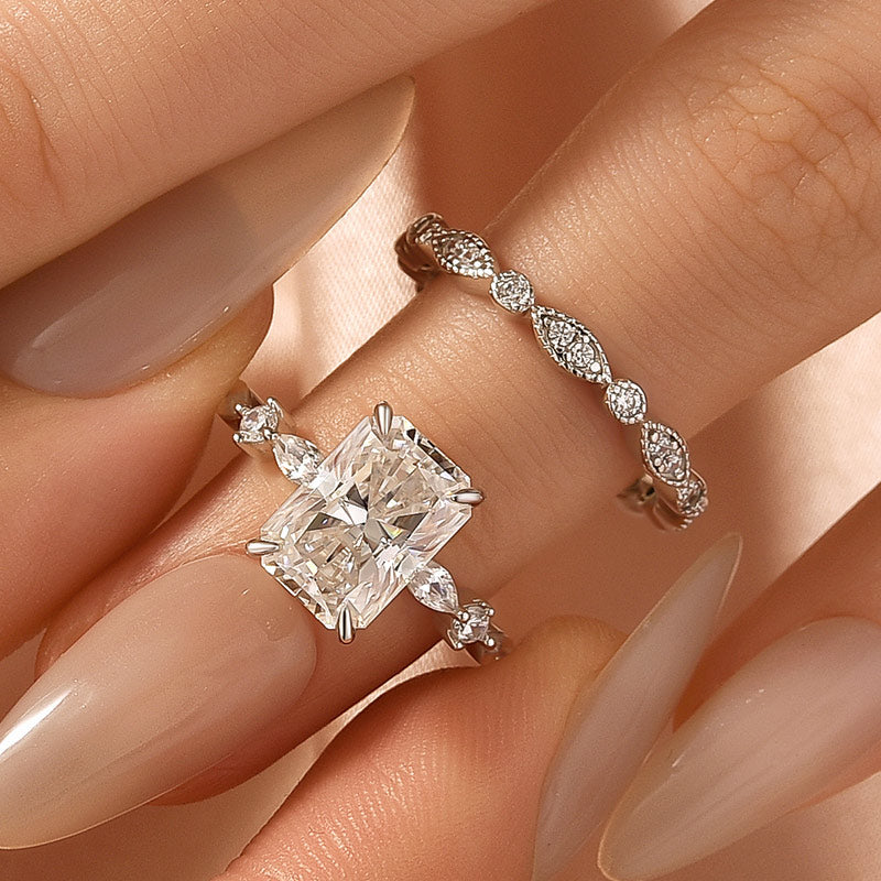 Luna Moissanite 4.0 Ct Radiant Cut Side Stone 2-Pc Wedding Ring Set In Sterling Silver
