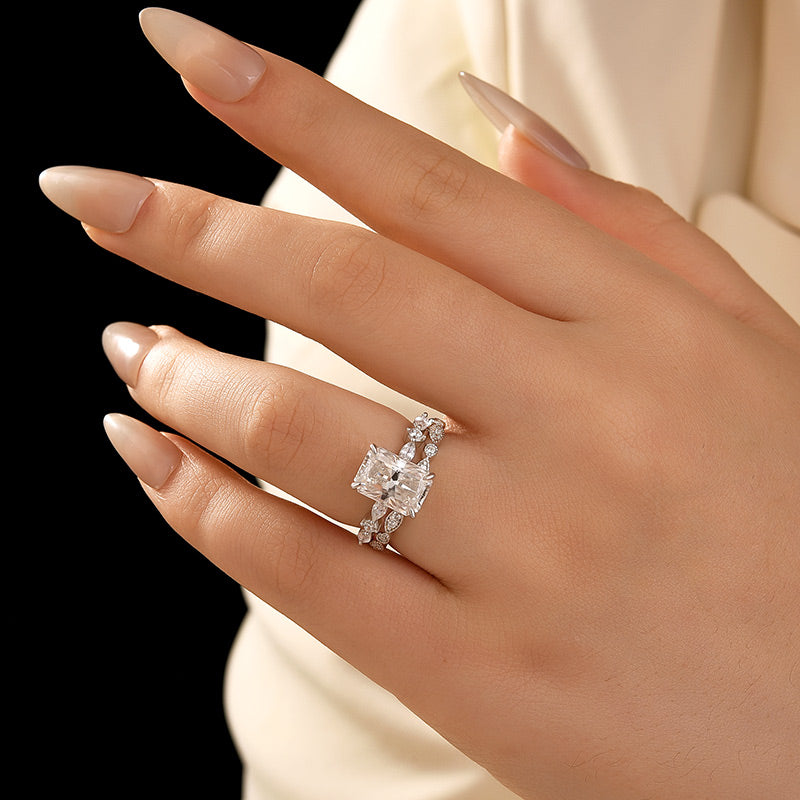 Luna Moissanite 4.0 Ct Radiant Cut Side Stone 2-Pc Wedding Ring Set In Sterling Silver