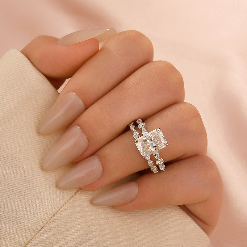 Luna Moissanite 4.0 Ct Radiant Cut Side Stone 2-Pc Wedding Ring Set In Sterling Silver