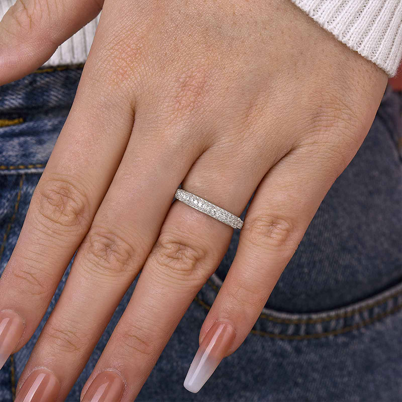 Vintage 3 Row Design Round Cut Women's Wedding Band In Sterling Silver-Sterling Silver-lornajewelry