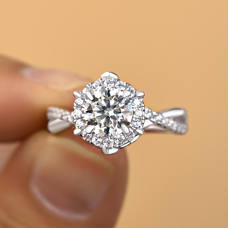 1Ct Moissanite Noble Halo Engagement Ring-Sterling Silver-lornajewelry