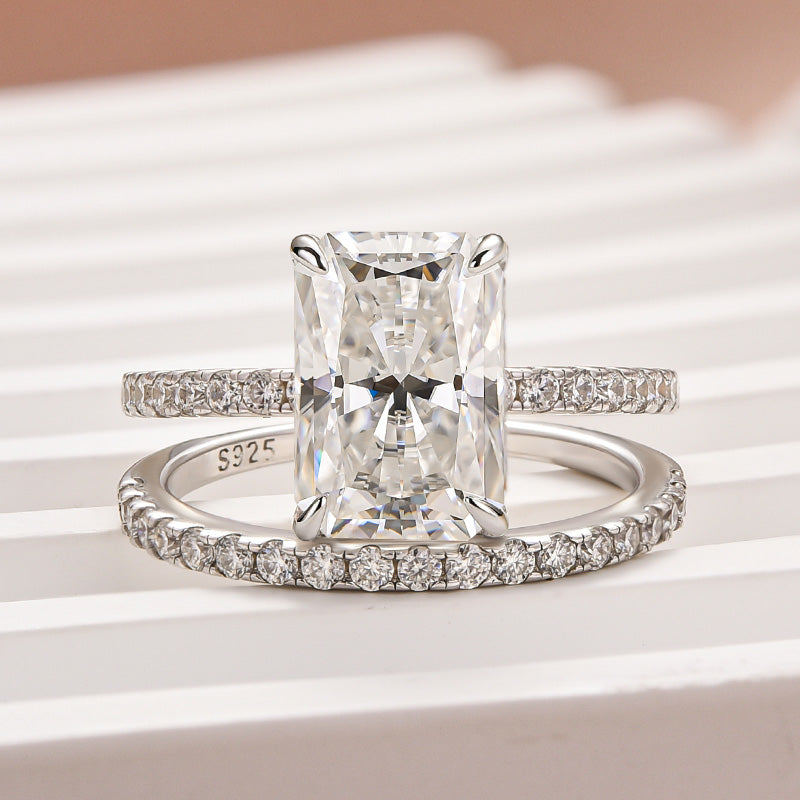 Luna Moissanite 2.0 Ct ～ 4.0 Ct Radiant Cut Classic 2-Pc Wedding Ring Set In Sterling Silver