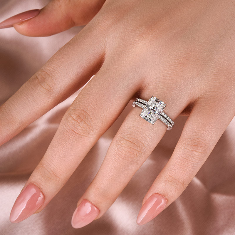 Luna Moissanite 2.0 Ct ～ 4.0 Ct Radiant Cut Classic 2-Pc Wedding Ring Set In Sterling Silver