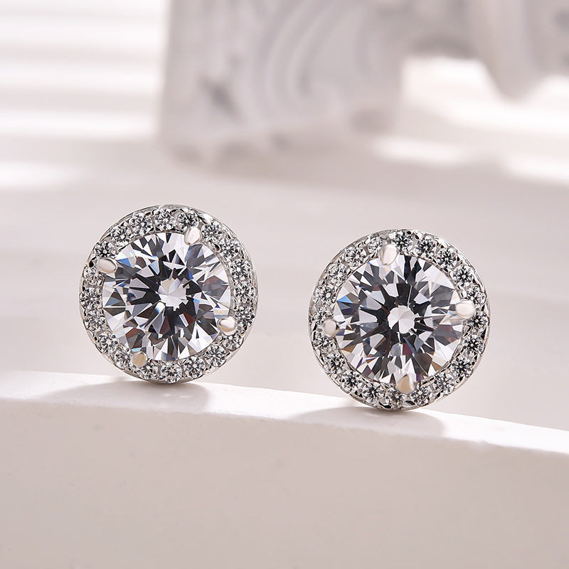 Halo Round Cut Women's Stud Earrings-Sterling Silver-lornajewelry